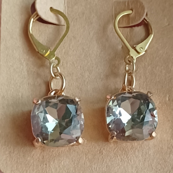 GOLD PLATED CRYSTAL SMOKEY RHINESTONE SQUARE EARRI - Picture 5 of 5